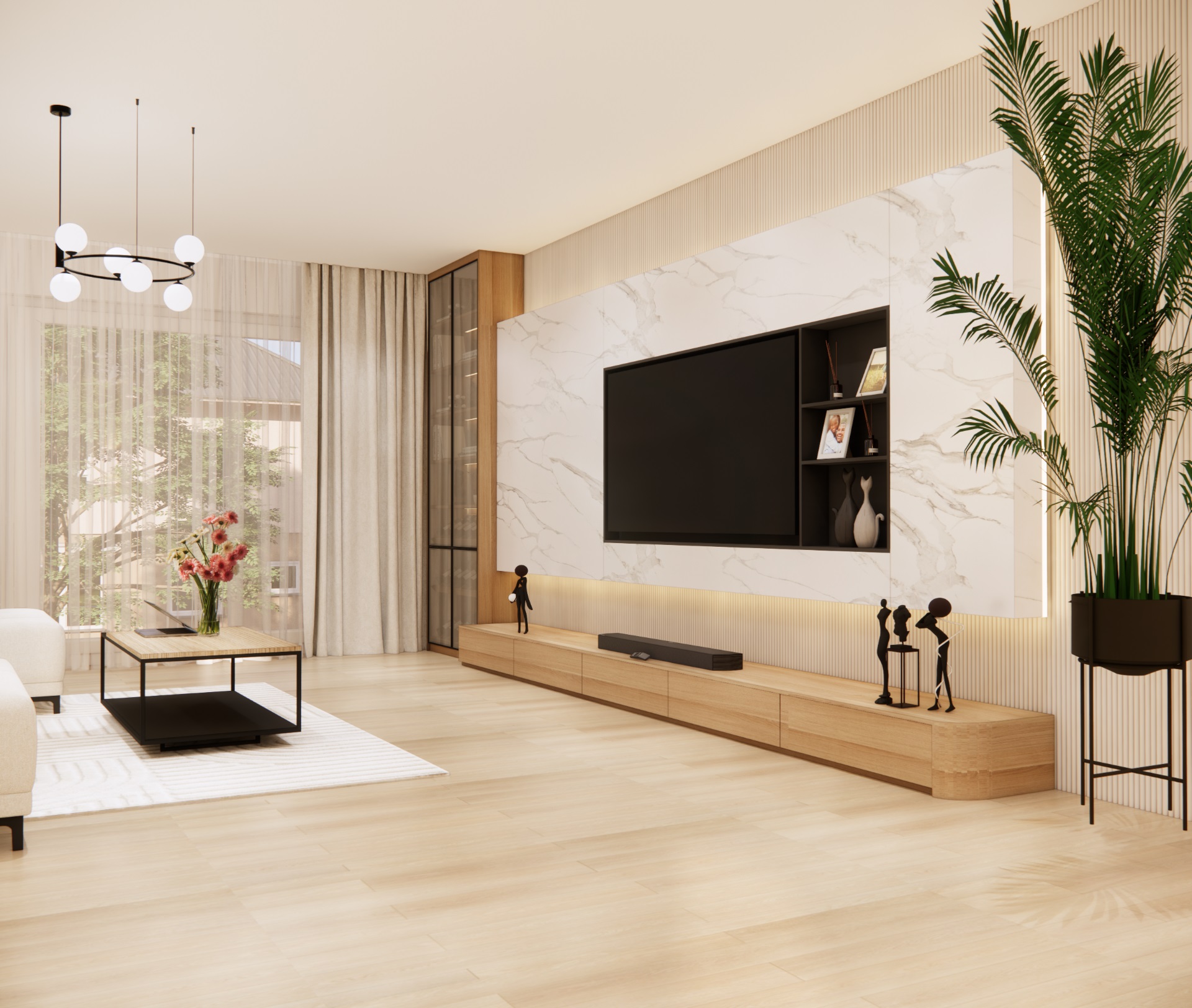 Salon z nowoczesną ścianą TV wykończoną marmurowym panelem i drewnianą zabudową